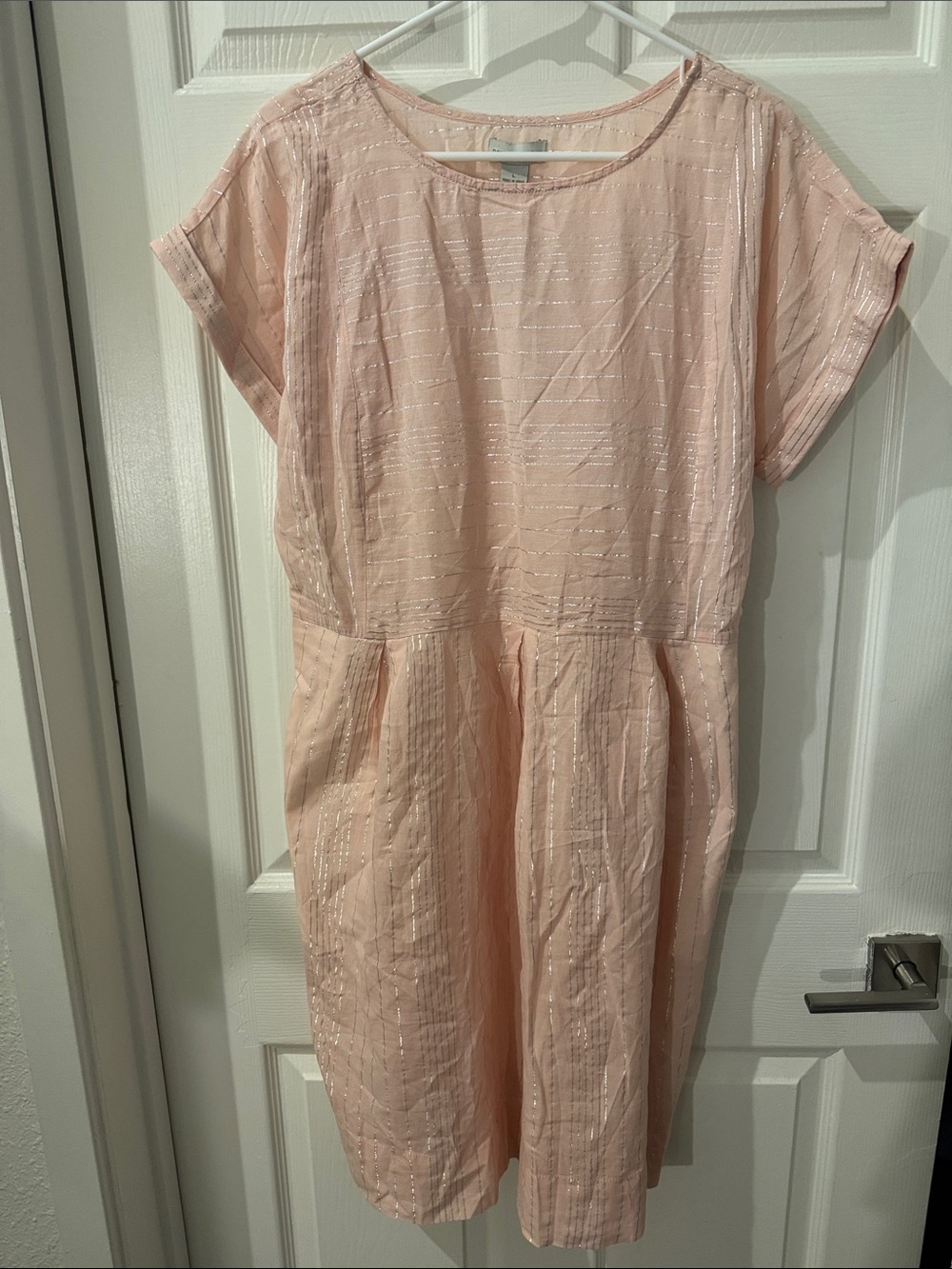 Blush Pink and Silver Striped Short Sleeve Pleated Dress with Pockets.Size Large